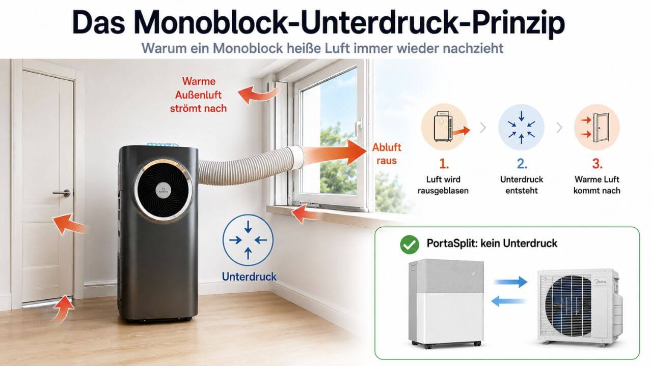 Eine Infografik zeigt das Unterdruck Prinzip und die Funktionsschwäche einer mobilen Klimaanlage (Monoblock)